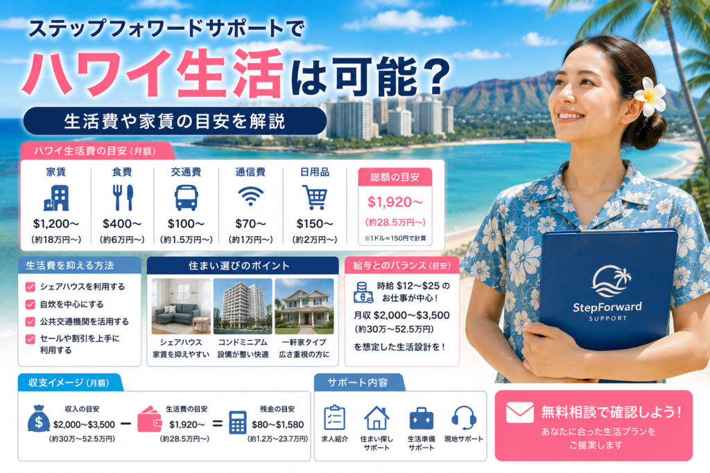 ステップフォワードサポートのハワイ生活費を紹介するイメージ画像